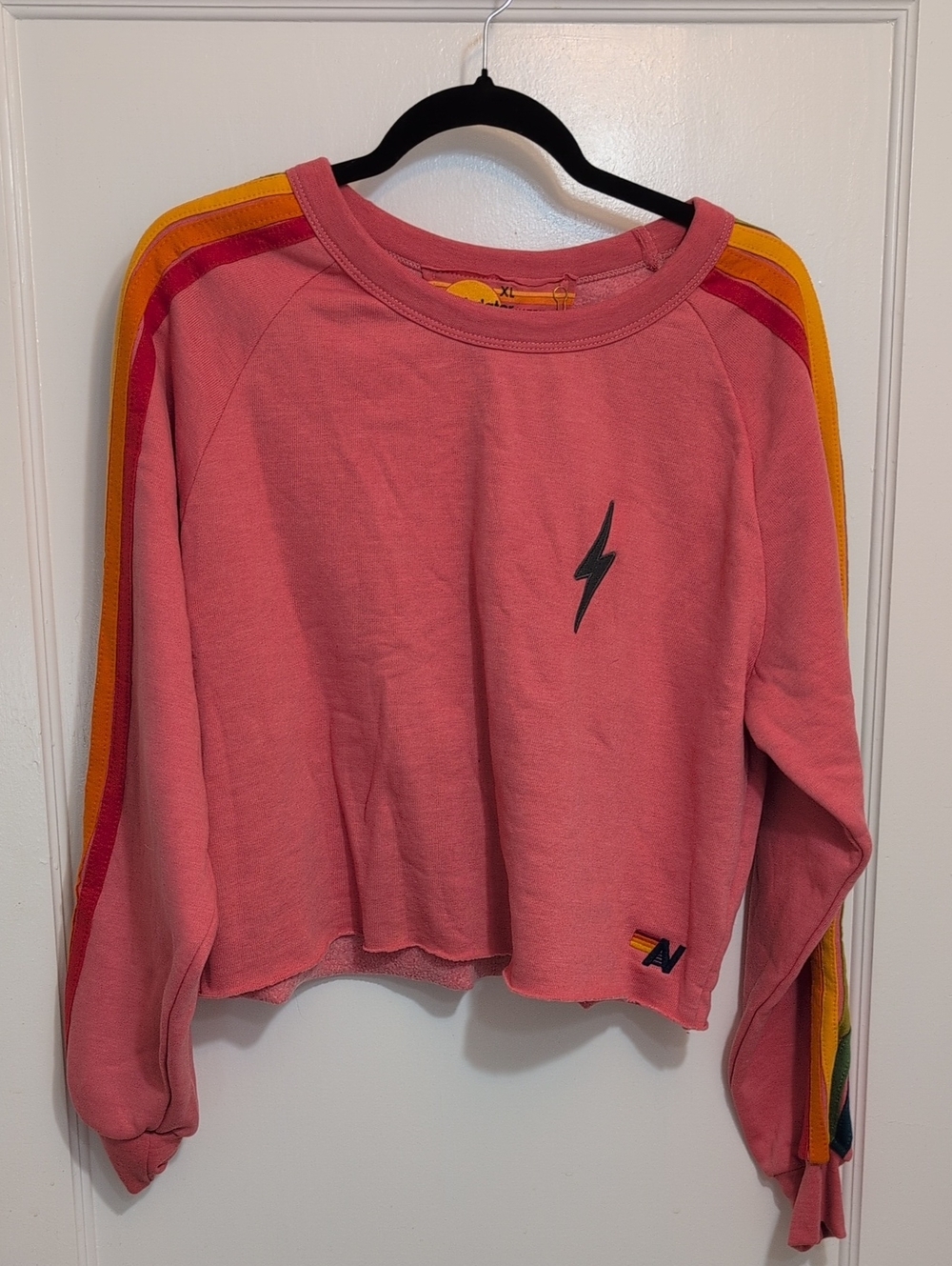 Aviator Nation Pink bolt Rainbow Stripe Cropped Sweatshirt XL New
